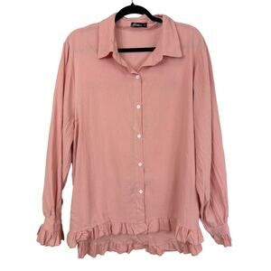 Izuria Pink Button Up Ruffled Linen Blend Long Sleeve Top XL